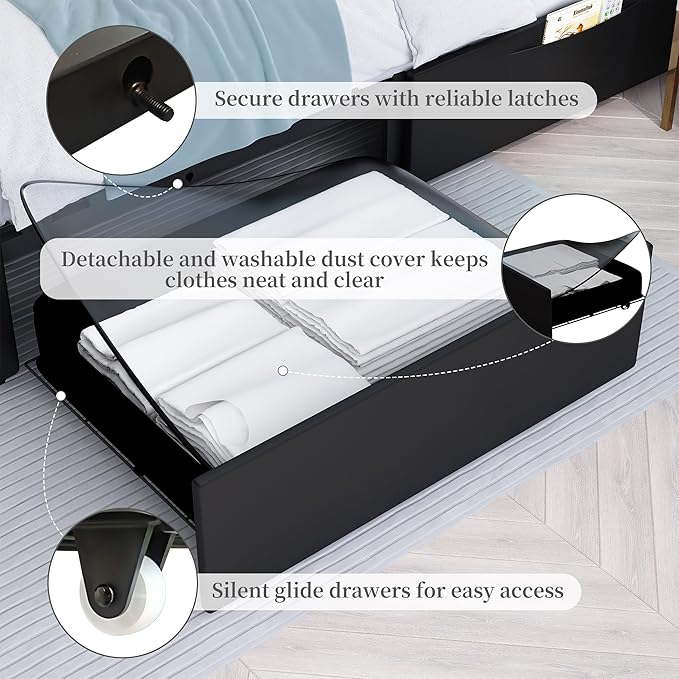 Full Led Bed Frame with 2 Drawers, Heavy Duty Sturdy Metal Platform Bed Frames Full Size with Adjustable Height Crystal Button Tufted Headboard, Easy Assembly, No Box Spring Needed, PU Black