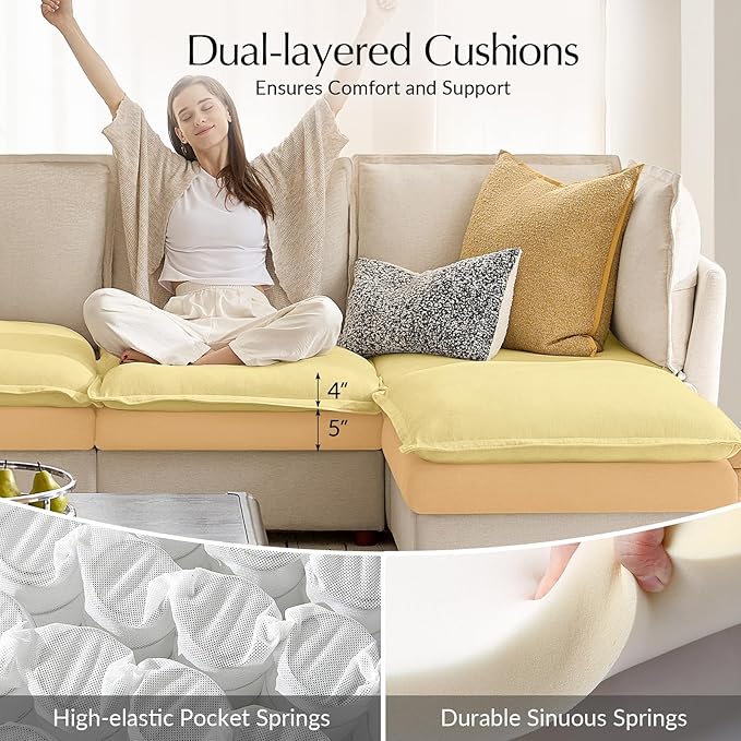 HULALA HOME 98'' Oversized Modular Sectional Sofa with Dual-Layered Cushions, L Shaped 4 Seater Couch with Storage Ottoman and Removable Cover, Modern Deep Seat Cloud Couch for Living Room, Beige