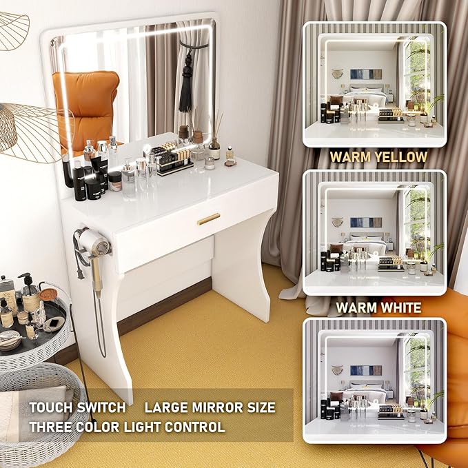 Vanity Desk, Makeup Vanity with LED Light Mirror, Small White Vanity with a Super Large Drawer and Power Outlet, 3 Color Lighting Modes Makeup Table for Bedroom, Dressing Room