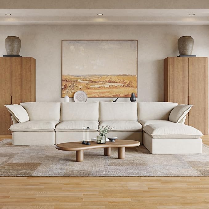 162.98" Cloud Modular Sectional Sofa, L Shaped Couch, Minimalist Wide Deep Seat Couches with Chaise Ottoman,Cushion Covers Removable(Beige)