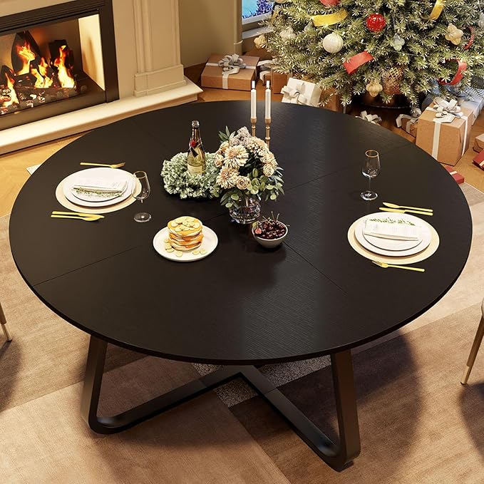 LVB 51 Inch Black Round Dining Table, Modern Wood Metal Kitchen Table, Industrial Small Dinner Room for 4 to 6 People, Circle Coffee Dining Room for Home Kitchen Living Room, Black Oak
