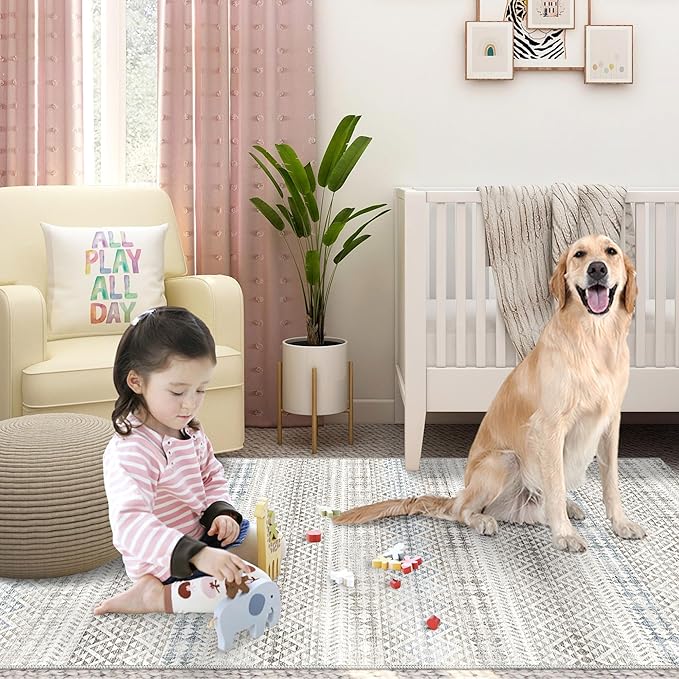 5'x7' Machine Washable Abstract Design Area Rug Machine Washable Area Rugs 5X7, Non Slip, Stain Resistant, Home Decor Living Room Area Rugs 5x7 (Grey Blue Cream 5x7)…