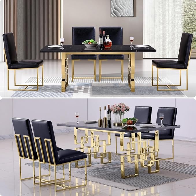 AUZ Dining Chairs, Black and Gold Faux Leather Upholstered Dining Room Chairs with Polished Stainless Steel Legs, Set of 2
