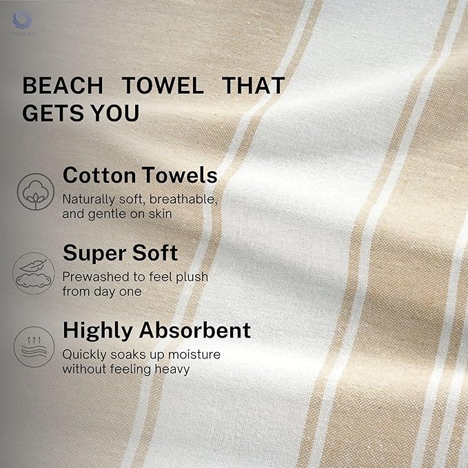 Cotton Turkish Beach Towel with Towels Oversized 36"x72" Pool Absorbent Extra Large Quick Dry Sand Travel Towel (Beige, 4 Pack)