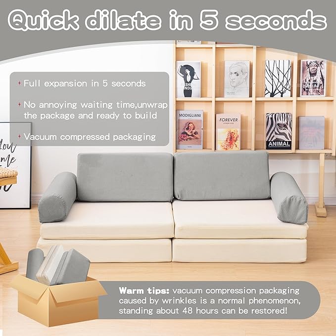 Modular Play Sofa, Instant Expansion, Corduroy Fabric, Grey and Beige