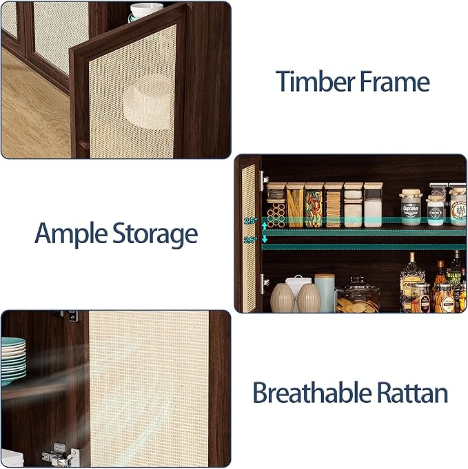 47" Rattan-Door Sideboard Cabinet with Shelf, 3-Door TV Stand Credenza Buffet with Generous Storage, Modern Accent Cabinet for Living Room & Kitchen, Walnut