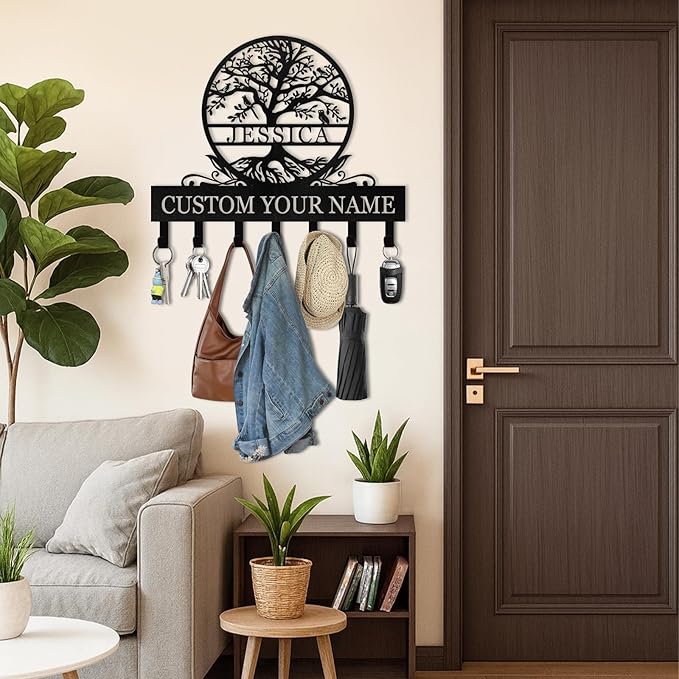 Personalized Metal Key Holder Wall Mount, Custom Name Tree of Life Key Holder for Wall, Key Organizer Rack with Hooks, Home Decor for Living Room Entryway Bathroom Kitchen, Housewarming Gifts Color04