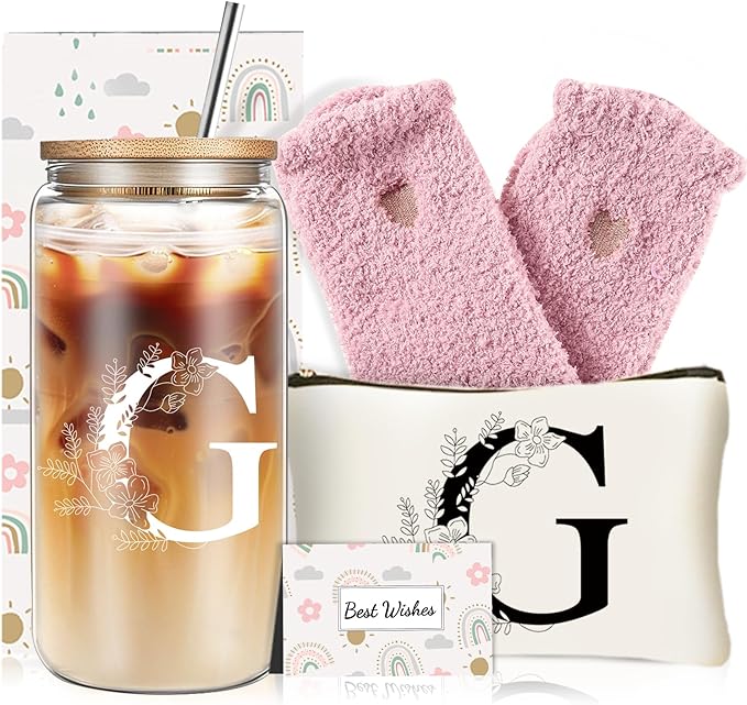 Unique Initial Glass Cup with Lids and Straws, Monogrammed Gifts Box Included Makeup Bag, Christmas Birthday Gifts for Women Mom Sister Grandma, G