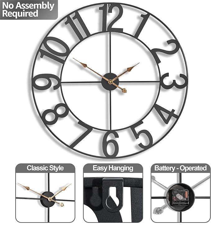Sorbus 32-Inch Large Wall Clock – Decorative Black Metal Clock with Gold Hands – Silent, Battery Operated, Modern Wall Decor for Living Room, Kitchen, or Office – Great Gift for Housewarming or Office