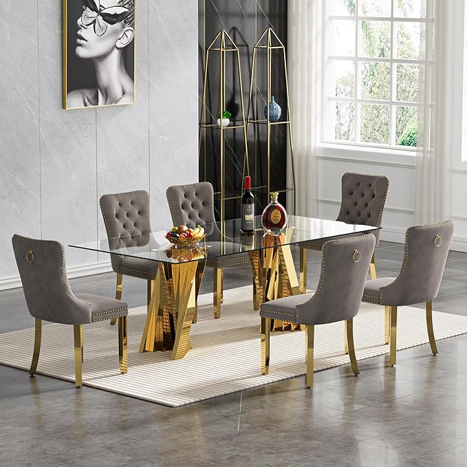 Goujxcy 70" Glass Dining Table Set for 6, Modern Gold Dining Table Set with 6 Grey Velvet Upholstered Dining Chairs, 7 Piece Kitchen Dining Room Table Set with Stainless Steel Legs
