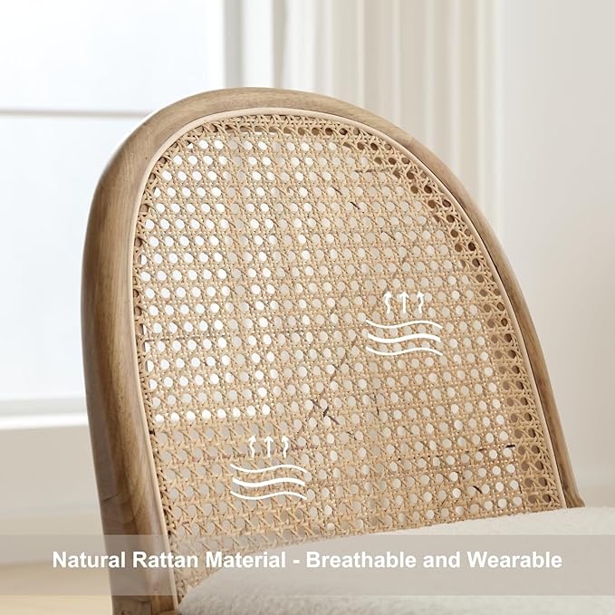 HEAH-YO Rattan Dining Chairs Set of 4, Upholstered Sherpa Dining Room Chairs with Backrests, Modern Kitchen Chairs with Wood Legs for Dining Room, White