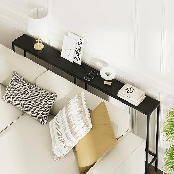 70.9" Console Table,Modern Extra Narrow Long Sofa Table Behind Couch,Skinny Entry Table with Black Metal Frame for Living Room, Hallway,Classic Black