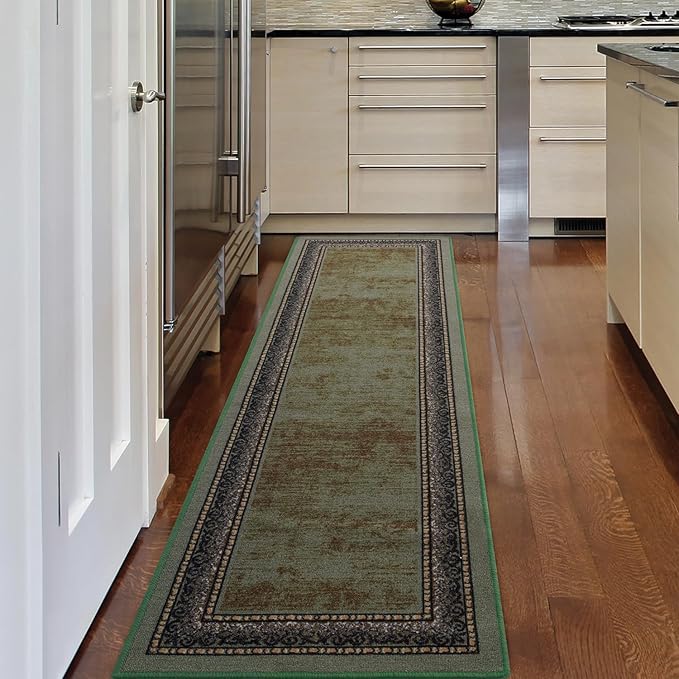 Antep Rugs Alfombras Bordered Modern 2x5 Non-Slip (Non-Skid) Low Pile Rubber Backing Kitchen Area Runner Rug (Green, 2' x 5')