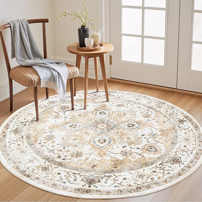 AMADA HOMEFURNISHING 5ft Round Area Rug, Low-Profile Washable 5x5 Rugs with Non-Slip Backing & Durable Edge Binding, Vintage Rug for Kitchen, Bedroom & Hallway, Beige