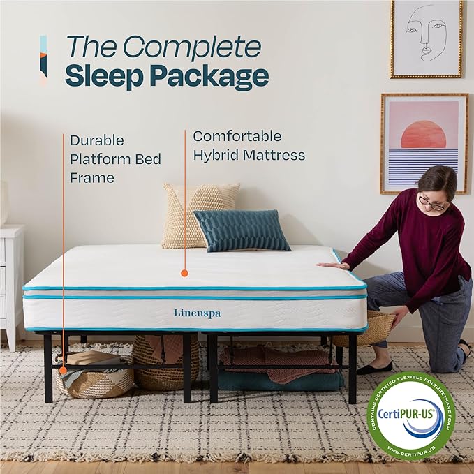 Linenspa 8” Memory Foam and Innerspring Hybrid Mattress + 14” Black Metal Platform Bedframe – Twin Mattress + Metal Folding Twin Bedframe