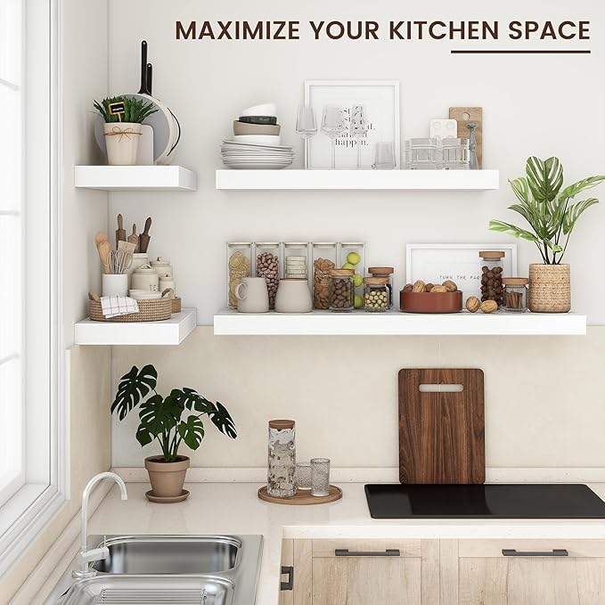 Floating Shelves for Wall, 36 Inch Wide x 12 Inch Deep Floating Shelves, Long Wood Floating Wall Shelf Shelves for Living Room Bathroom Bedroom Kitchen Home - (White, 36" W x 12" D x 2" H)