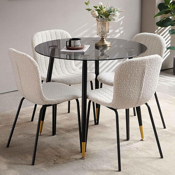Modern Kitchen Table Set for 4, 5 PCS Grey Glass Round Dining Table Set, 35.43" Round Kitchen Table Transparent with 4 Upholstered Accent Chairs Comfortable Dining Chairs