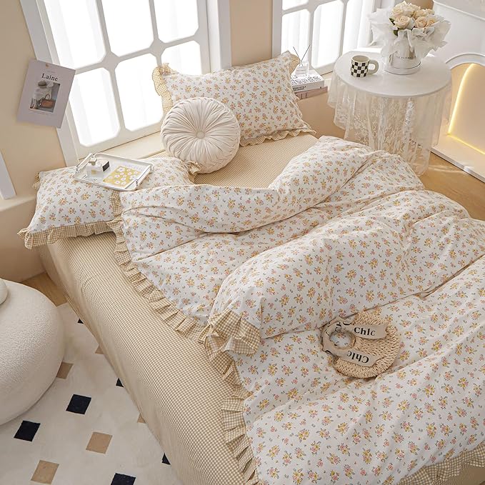 EAVD French Garden Style Ruffled Floral Comforter Set Twin XL Fluffy Soft Microfiber Chic Shabby Pink Yellow Floral Bedding Set with 2 Pillowcases Fresh Botanical Comforter Set for All-Season