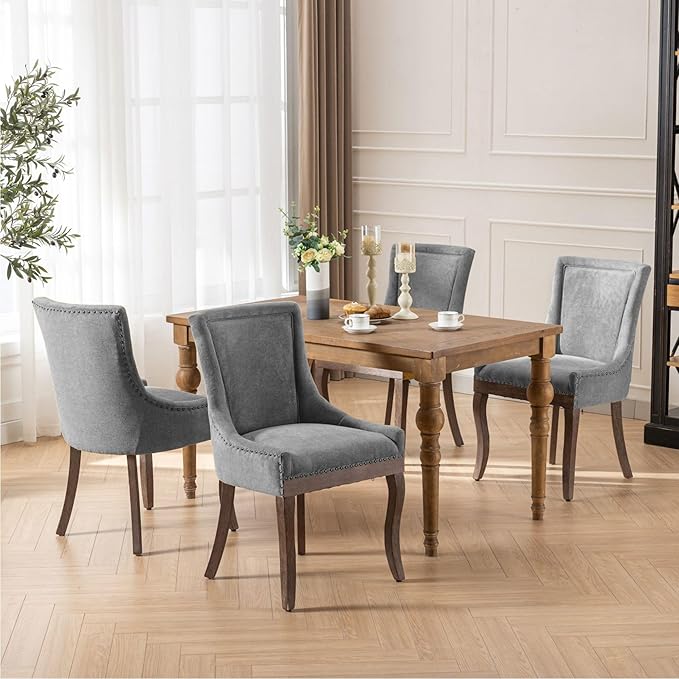 Farmhouse Dining Chairs Set of 4, Upholstered Fabric Dining Room Accent Chairs with Wood Legs & Bronze Nailhead, High Wingback Kitchen Chairs for Living Room Hotel Apartment, Gray