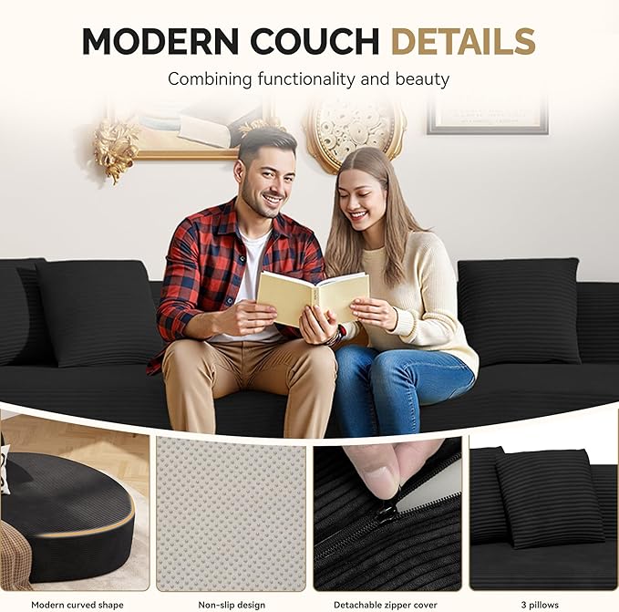 128" Oversized Modern Curved Sofa,Boneless Cloud Sectional Couch with Deep Seat,No Assembly Required Corduroy Couches for Living Room,Black,1 PCS