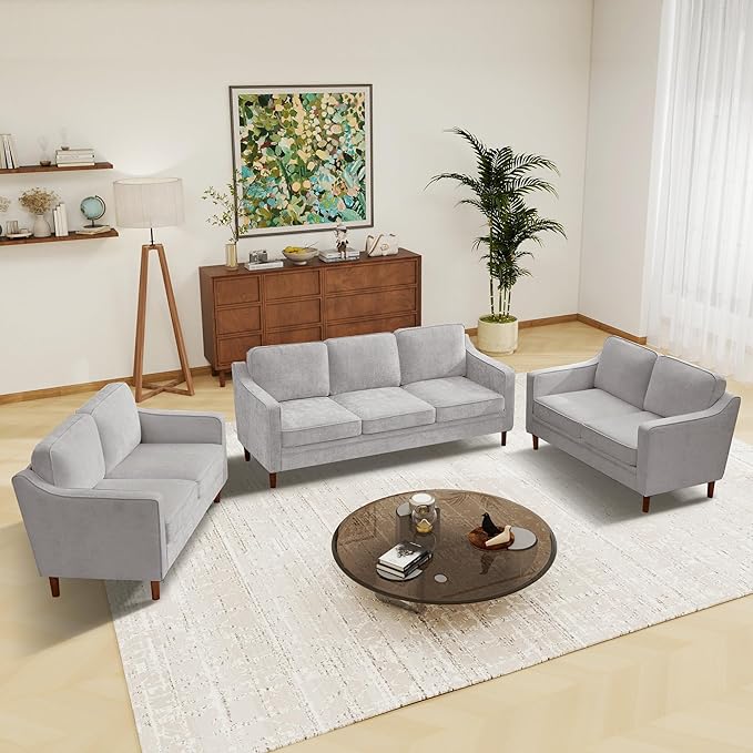 Kingfun Living Room Furniture Sets, Armchair and 2 Loveseat, Mid Century Modern Sofa Set, Chenille Couch with Solid Wood Frame for Living Room & Bedroom, Silver Gray