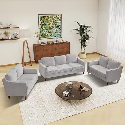 Kingfun Living Room Furniture Sets, Armchair and 2 Loveseat, Mid Century Modern Sofa Set, Chenille Couch with Solid Wood Frame for Living Room & Bedroom, Silver Gray