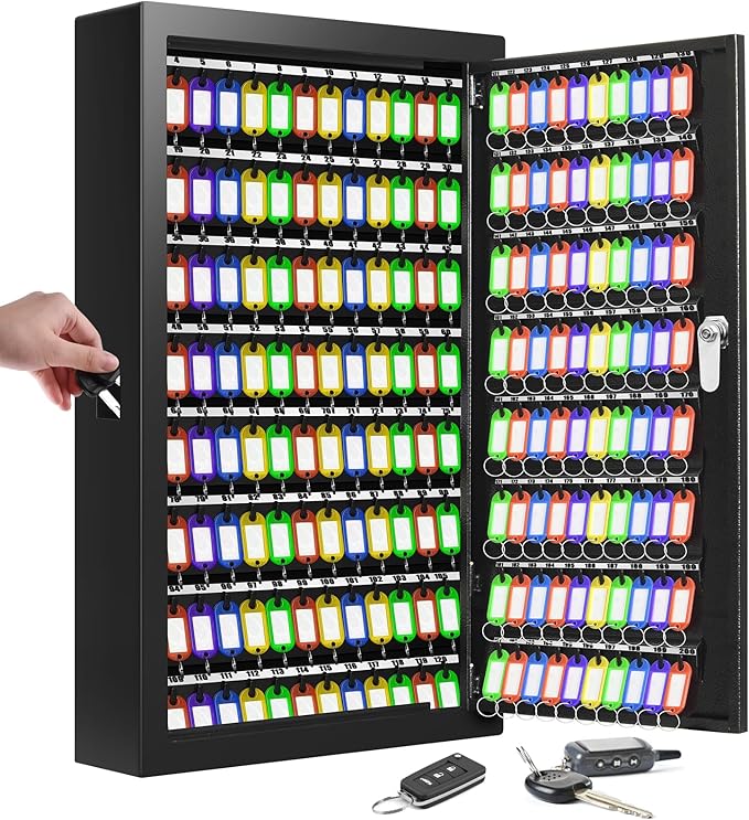 200 Keys Key Cabinet, Anti-Theft Key Lock Box with Key Tags, Adjustable Key Organizer Wall Safe for Car Office House Garage Rental Business