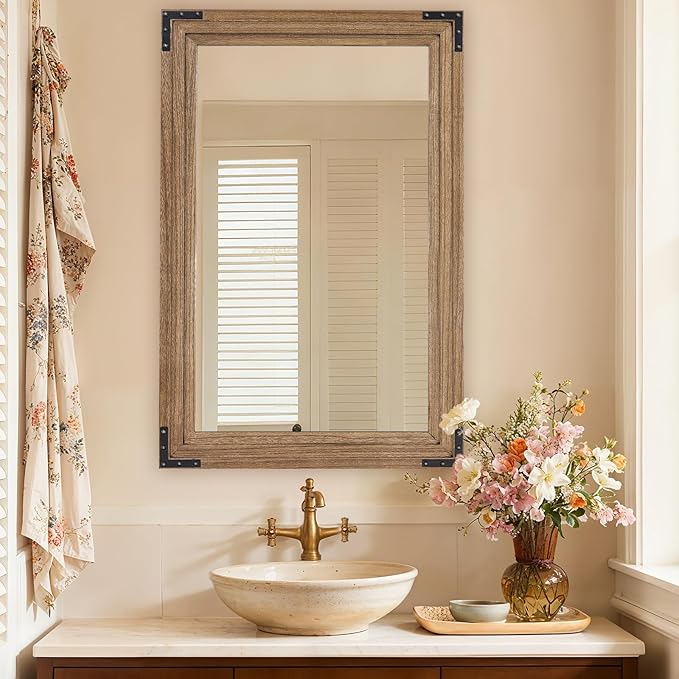 Full Length Mirror 36"x24" Solid Wood Frame Floor Standing Mirror, Hanging or Leaning Wall-Mounted for Living Room, Bedroom, Oak Color