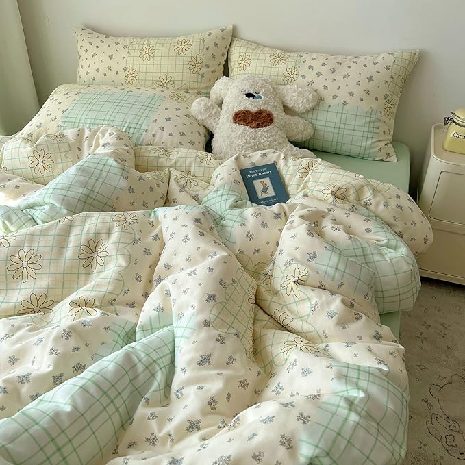 LifeTB 100% Cotton Muslin Duvet Cover Twin Aesthetic Floral Comforter Cover with Botanical Flower Cute Plaid Design Ultra Soft Cottagecore Bedding Set Breathable Gauze Duvet Cover with 2 Pillowcases