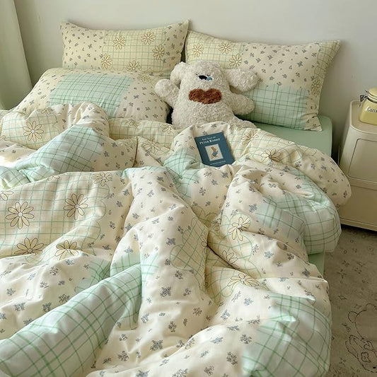 LifeTB 100% Cotton Muslin Duvet Cover Twin Aesthetic Floral Comforter Cover with Botanical Flower Cute Plaid Design Ultra Soft Cottagecore Bedding Set Breathable Gauze Duvet Cover with 2 Pillowcases