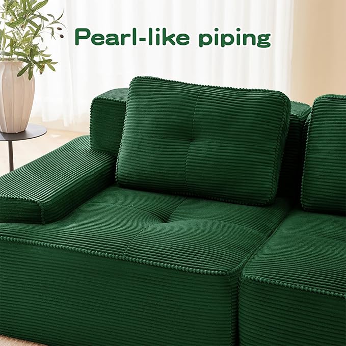 80" Modern Corduroy Boneless Love Seat Couches with 2 Ottomans, 2 Seater Large Sectional Couches for Living Room, Green Cloud Modular Sectional Sofa, Memory Foam, Extra Deep Loveseat, No Assembly