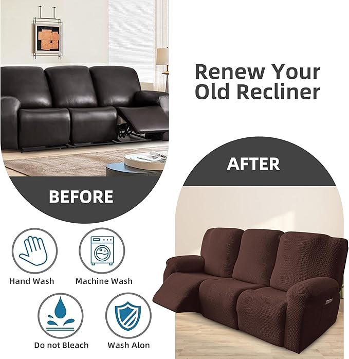 Genina Recliner Sofa Covers - Stretch Reclining Couch Covers with Stripe Jacquard - 3 Seat Cushion Slipcovers with Soft Fabric - Furniture Protector for Pet Kid (Chocolate)