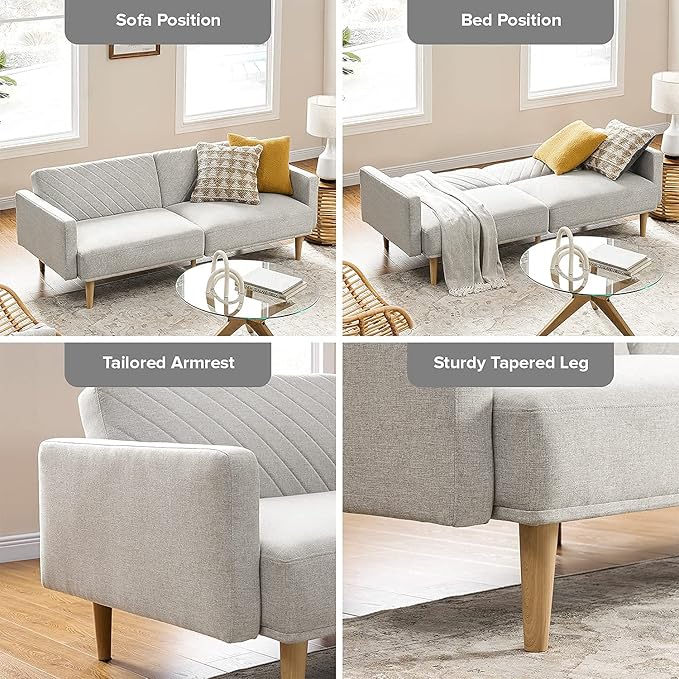 mopio 76.4" Futon Sofa Bed, Couch, Loveseat, Sleeper Sofa, Mid Century Modern Futon Couch, Sofa Cama, Couches for Living Room (Light Gray Fabric)
