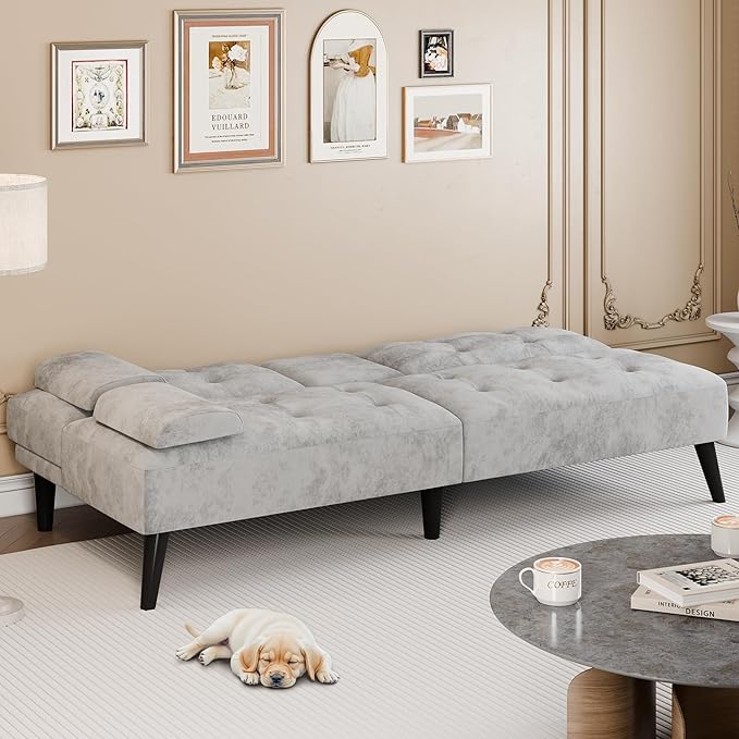 Meilocar Futon Sofa Bed, Modern Sofa Couch Recliner, Adjustable Sofa Bed for Living Room, Office, Guest Room Removable Armrest, 2 Cup Holders, Adjustable Backrest, Light Grey