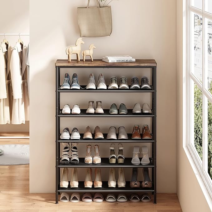 Shoe Rack Organizer 6 Tier Metal Organizer Shelf with Industrial MDF Board and Layer Fabric for Entryway Closet Bedroom Living Room Garage,Black & Rustic Brown (Black+Rustic Brown, 6 Tier)