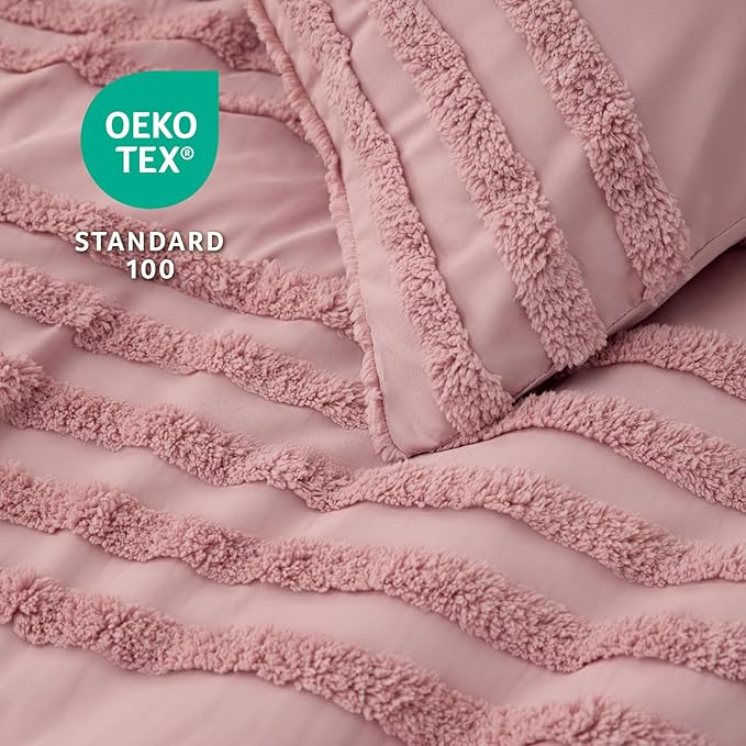 BEDELITE Boho King Size Comforter Set - Dusty Pink Tufted Striped Bed Set 3 Pieces, Soft Vintage Farmhouse Comforter for All Seasons, Boho Home Decor,Fluffy Jacquard Bedding with Pillow Sham