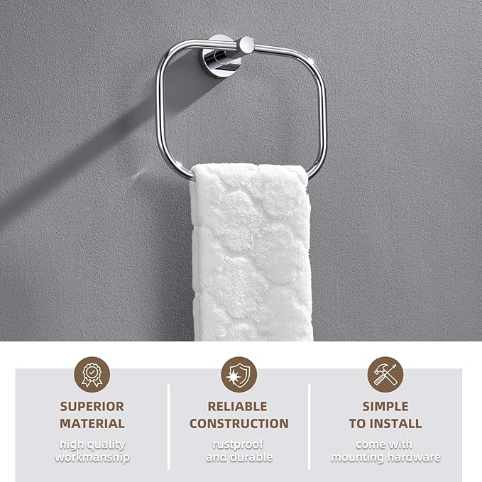 Angle Simple Swivel Towel Ring Chrome, Stainless Steel Hand Towel Rack for Bathroom Wall, Square Holder for Washcloth