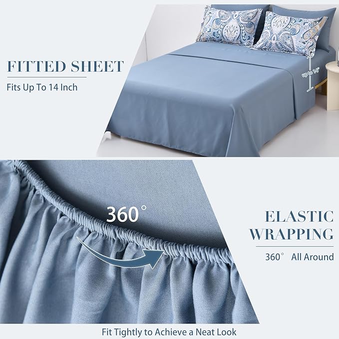 Drucon Blue Paisley Comforter Set King, 7 Pieces Bed in a Bag Boho Comforter Soft Microfiber Blue Paisley Bedding(1 Comforter, 1 Flat Sheet, 1 Fitted Sheet, 2 Pillow Shams, 2 Pillowcases)