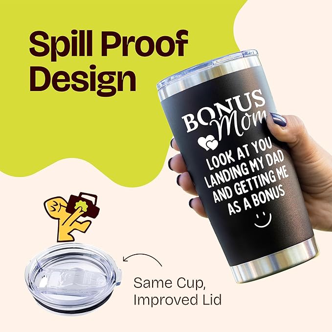 KLUBI Bonus Mom Gifts for Stepmom from Son Daughter - Look At You Landing My Dad and Getting Me As a Bonus - God Mother, Mother in Law Birthday Gift Mug 20 Ounce Insulated Black Tumbler for Her