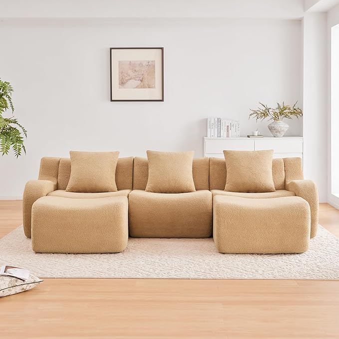 Camel U-Shaped Cloud Couch with 2 Ottomans, Modern Teddy Fabric Boneless Sectional Sofa in a Box for Living Room, Modular Floor Couch, Deep Seat, No Assembly Required, Sofas para Sala
