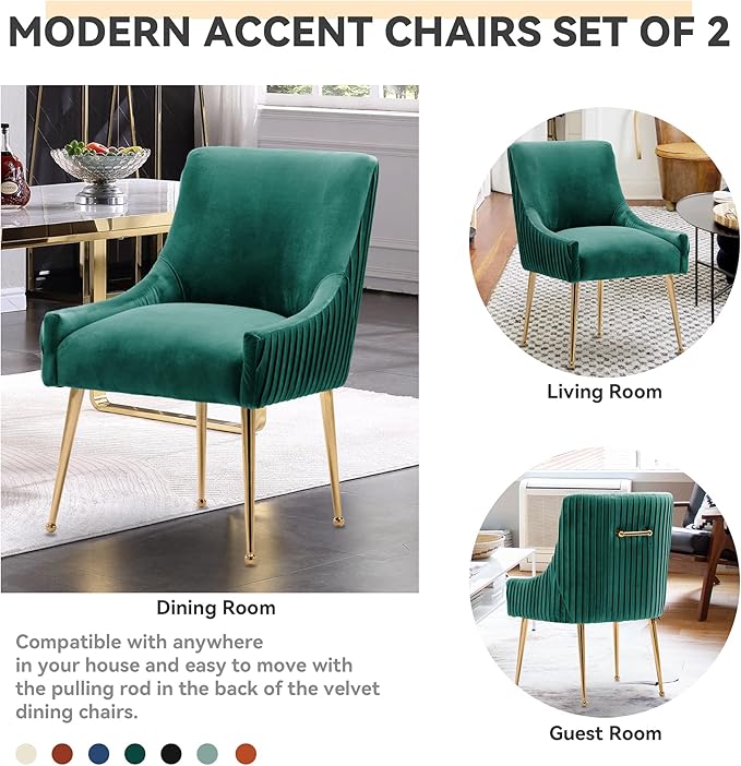 Dining Chairs, Accent Chairs Set of 2, Modern Upholstered Kitchen Dining Room Chairs with Gold Legs, Fabric Tufted Velvet Living Room Chairs for Reception Room Bedroom Guest Room (Deep Green)