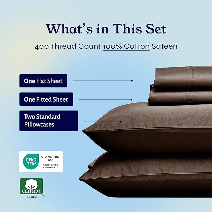 California Design Den Full Size Bed Sheets Set - Soft 400 Thread Count Sateen, Natural 100% Cotton Sheets with Deep Pockets, Breathable, Cooling and Durable Bedding Set - Espresso Chocolate Brown