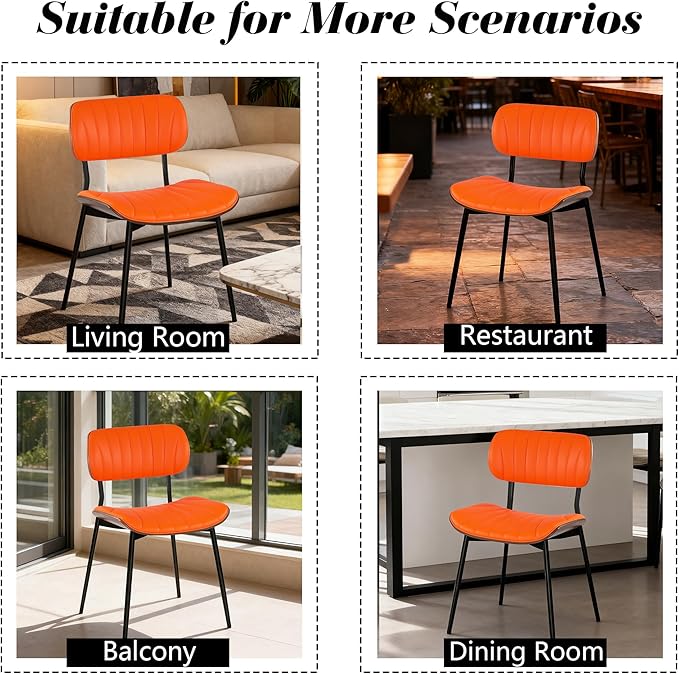 Modern PU Leather Dining Room Chairs Set of 2, Upholstered Kitchen Chairs with Walnut Bentwood Back and Metal Legs Adjustable Feet for Kitchen Dining Room(Orange)