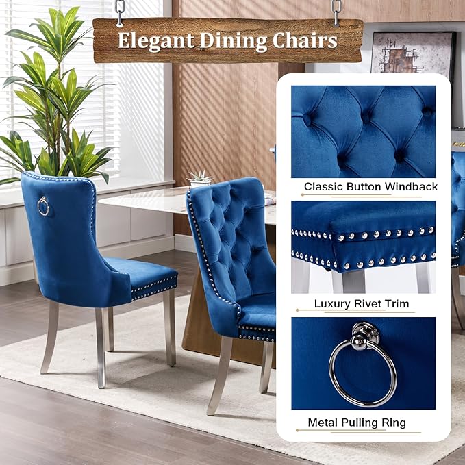 Goujxcy Glass Dining Table Set for 6, Modern Kitchen Table and Chairs Set of 6, 7-Piece Kitchen Dining Room Table Set w/61 Glass Silver Dining Table and 6 Blue Velvet Upholstered Chairs