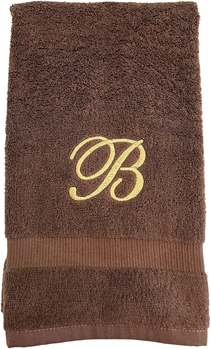 Brown Monogrammed Hand Towels for Bathroom - Luxury Hotel Quality Personalized Initial Embroidered Towel for Powder Room, Spa - GOTS Organic Certified - Set of 2 Beige Letter F