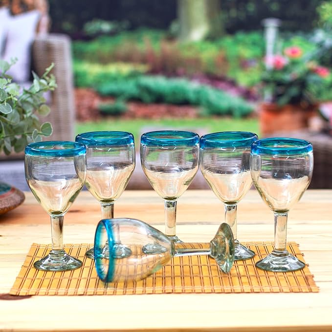 NOVICA Artisan Handblown Glass Wine Glasses Clear with Aqua Rim 8 Oz Set of 6 Blue Mexico Tableware Drinkware Recycled Eco Friendly [ 7.75in H x 3.7in Diam. 11 Oz.] ' Aquamarine Kiss' Set of 6