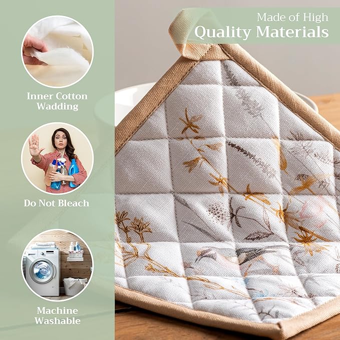 Maison d' Hermine Pot Holders Set 100% Cotton Heat Resistant Potholders 8" x 8" Hot Pads with Loop BBQ, Cooking, Grilling, Kitchen, Handling Hot Pans Spring/Summer (Pack of 2, Meadow Florals - Beige)