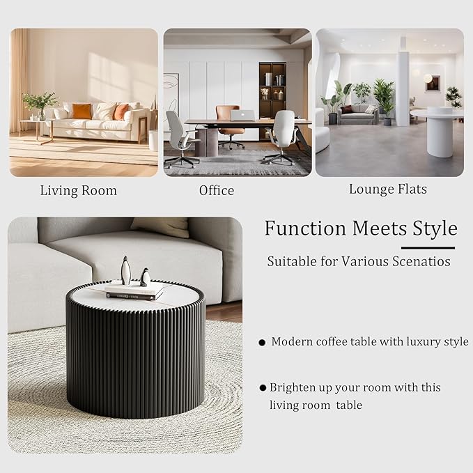 Round Coffee Table Set with Sintered Stone Tabletop, 29.52" White Drum Center Table and 17.71" Black Coffee Table Set, 2 Pieces Living Room Table Set with Fluted PU Leather Cover& Stable Base