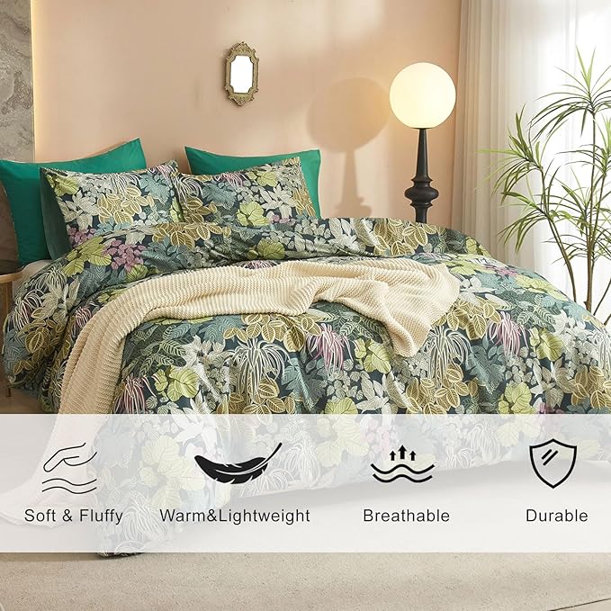 EAVD Green Leaves Botanical Comforter Set Soft Fluffy Microfiber Tropical Leaf Bedding Set with 2 Pillowcases Reversible Plant Leaves Comforter Set for All-Season