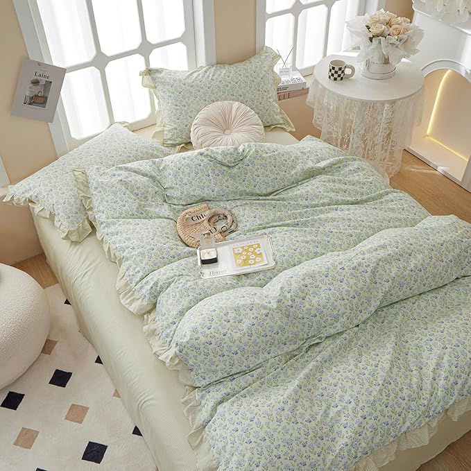 EAVD French Style Garden Floral Ruffled Comforter Set King White Fluffy Soft Microfiber Chic Blue Floral Bedding Set with 2 Pillowcases Fresh Botanical Comforter Set for All-Season
